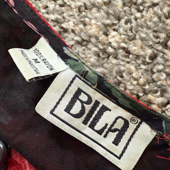 Vintage Bila Red Black Maxi Dress Medium Boho Paisley Floral Button Down - Picture 4 of 7